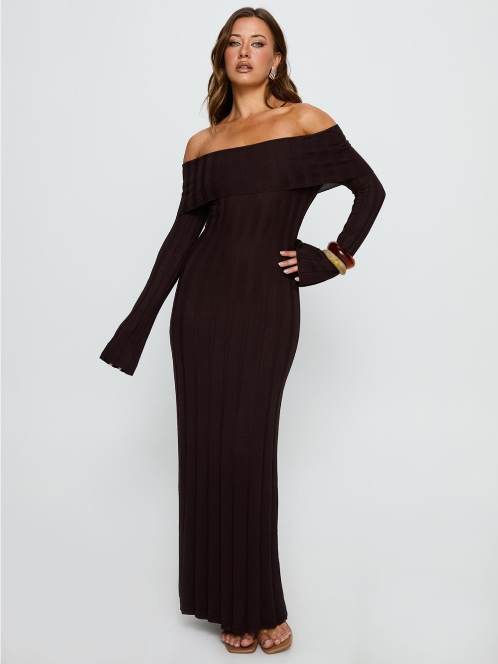 Princess Polly Ellouisa long sleeve off shoulder chocolate ribbed dress